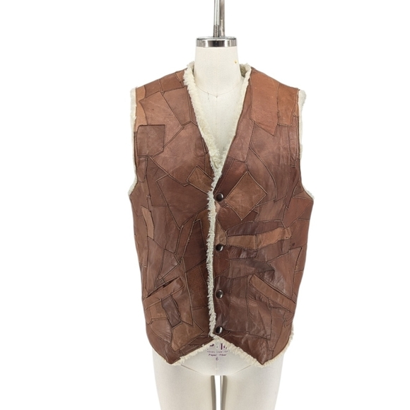Men's Patchwork Shearling Lining Leather Vest Brown 40 rustic winter bohemian - Picture 1 of 9